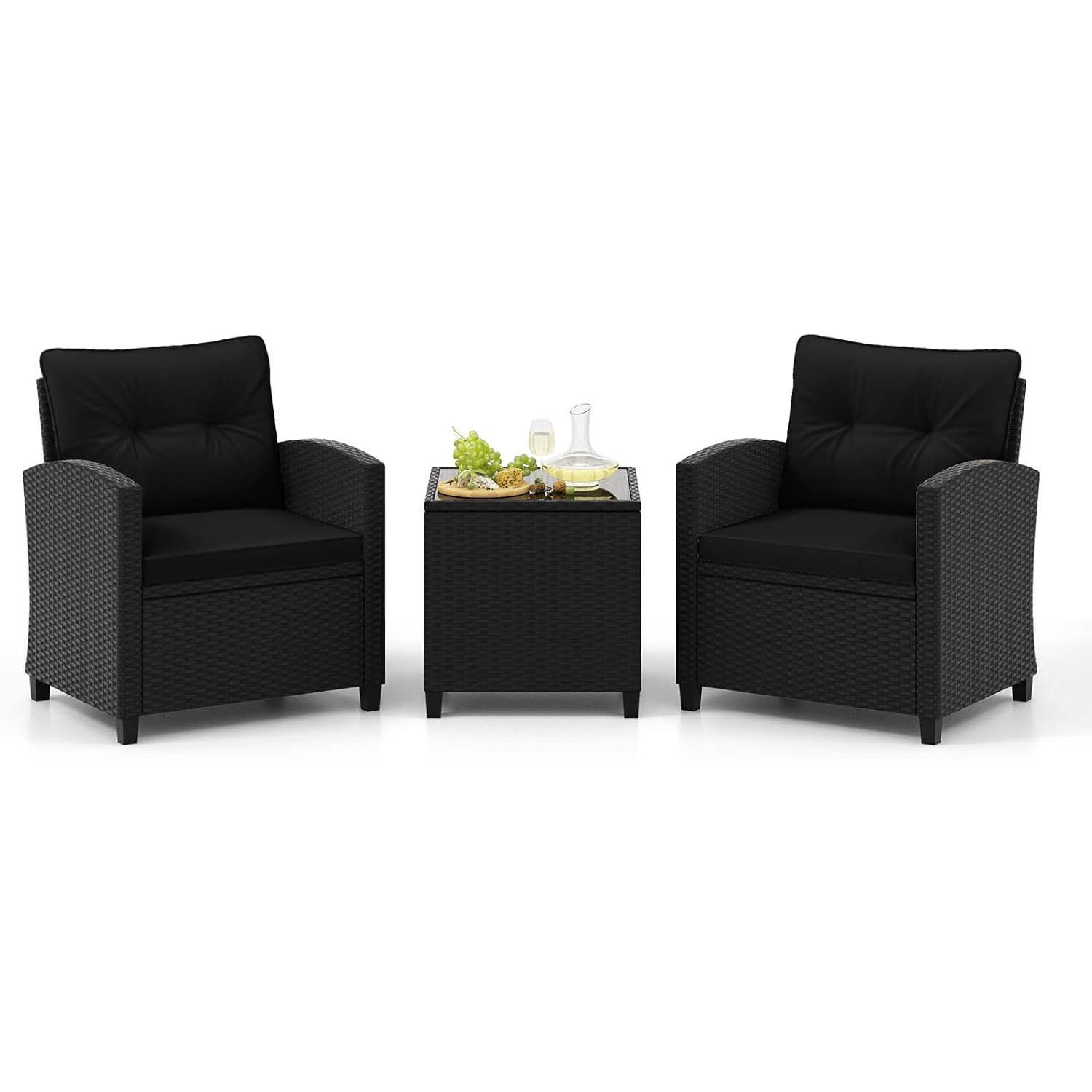 Image of 3pcs Patio Furniture Set, Pe Wicker Bistro Set With Tempered Glass Coffee Table, Outdoor Conversation Chairs With Metal & Soft Cushions For Balcony, Porch And Garden, Black