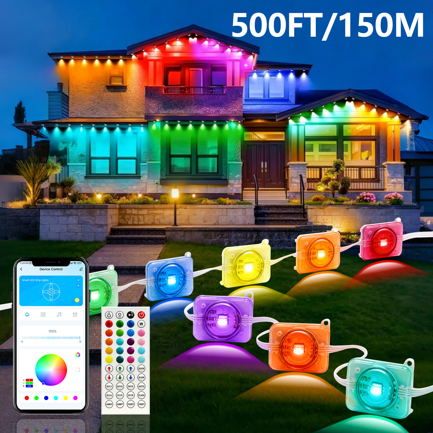 50/100/200/300/400/500ft RGB Smart   Lights, Outdoor LED Roof Eave Lights, Bluetooth App & Remote Control DIY Color Changing String Lights,   Christmas Halloween Wedding Valentine s Day Garden Lawn Fence Balcony   House