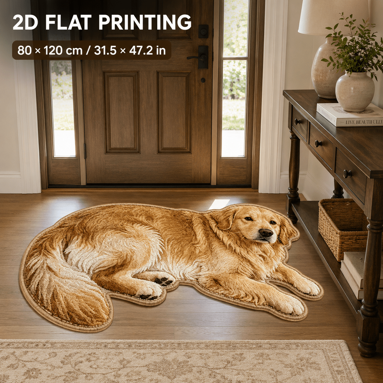 TEMU 2d Flat, Bath Rug 1pc 2d Flat 850 Gsm Bathroom Non-slip Mat, Golden Retriever Print Velvet Bath Rug With Dot Plastic Backing, Soft Short Plush