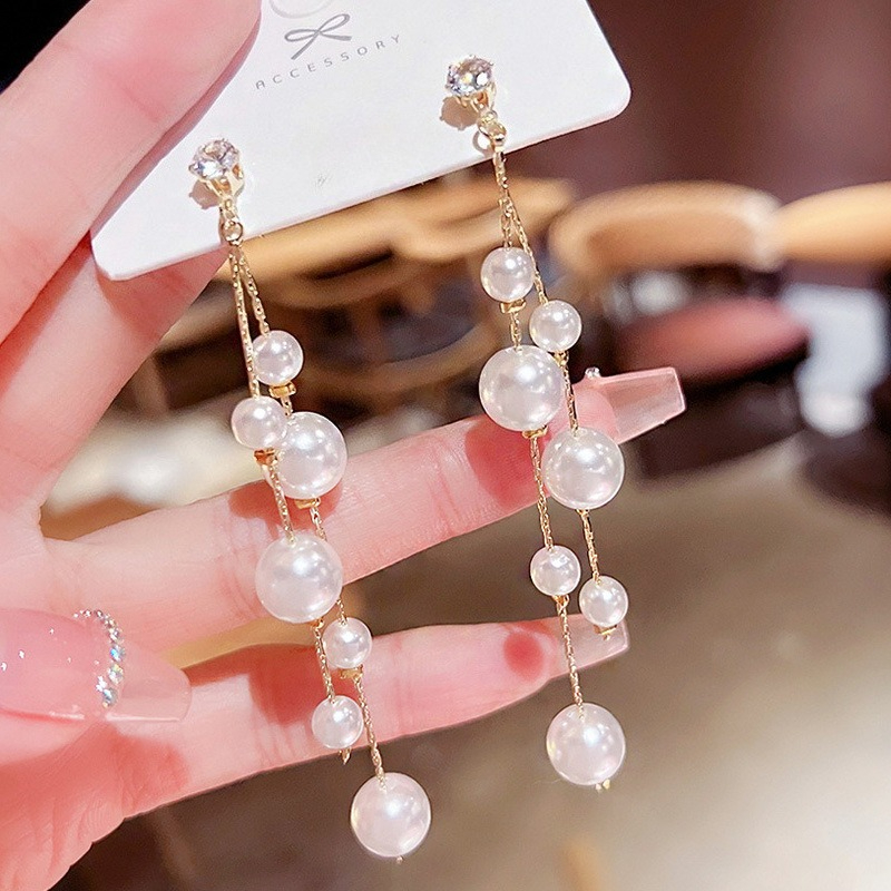 TEMU Exquisitos aretes de borlas largas con pedrería, aretes elegantes y de moda para mujer, súper de , aretes versátiles y de , joyería y accesorios