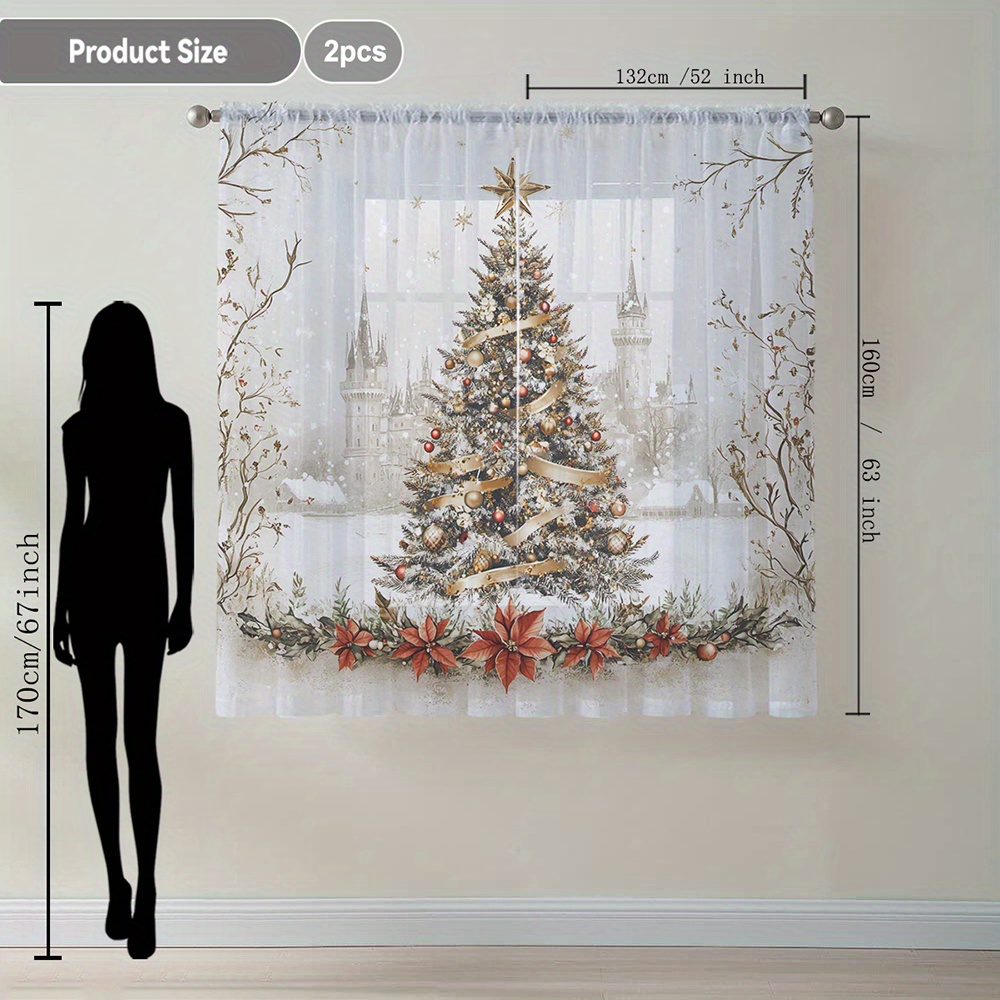 TEMU 2pcs Christmas Tree Scene Festive Style Printed Home Decor Sheer Curtains, Suitable For Kitchen, Cafe, Restaurant, Balcony, Garden, Bedroom