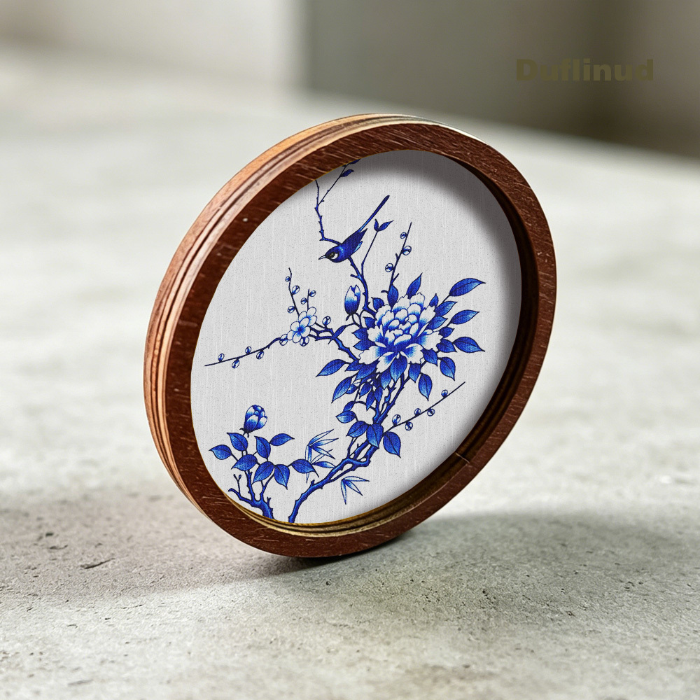 TEMU 1pc Blue And White Porcelain Style Floral Bird Round Wooden Fridge Magnet, Elegant Blue And White Flower And Flying , Fine And Warm Wooden