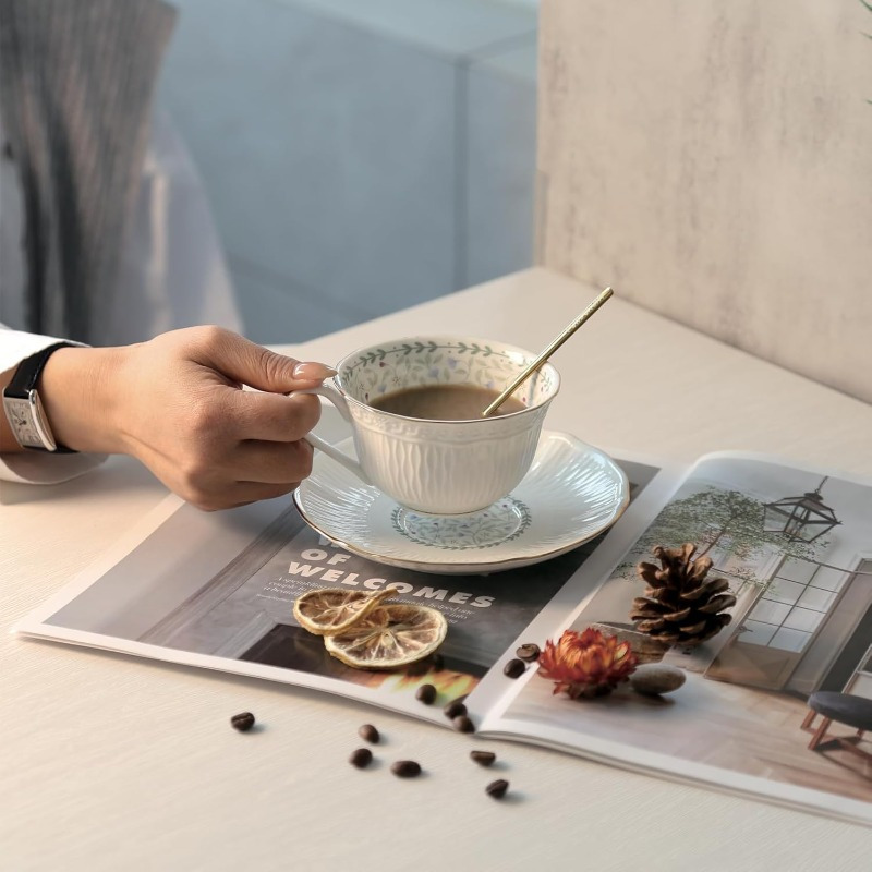 1 set   floral porcelain tea cup and saucer set with spoon light blue   elegant   6 4oz cup saucer comfortable handle stable saucer for tea coffee espresso durable   for   special occasions  ge tableware gift Product details 4