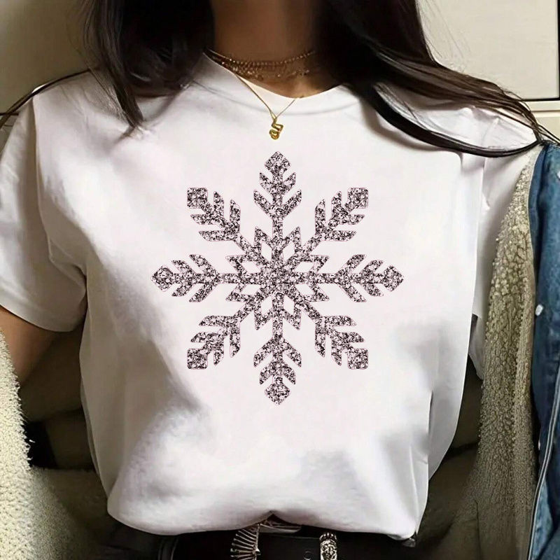 

Chic Christmas Snowman & Print T-shirt For Women - Casual Short Sleeve, Crew Neck, Stretchy Polyester , Machine Washable