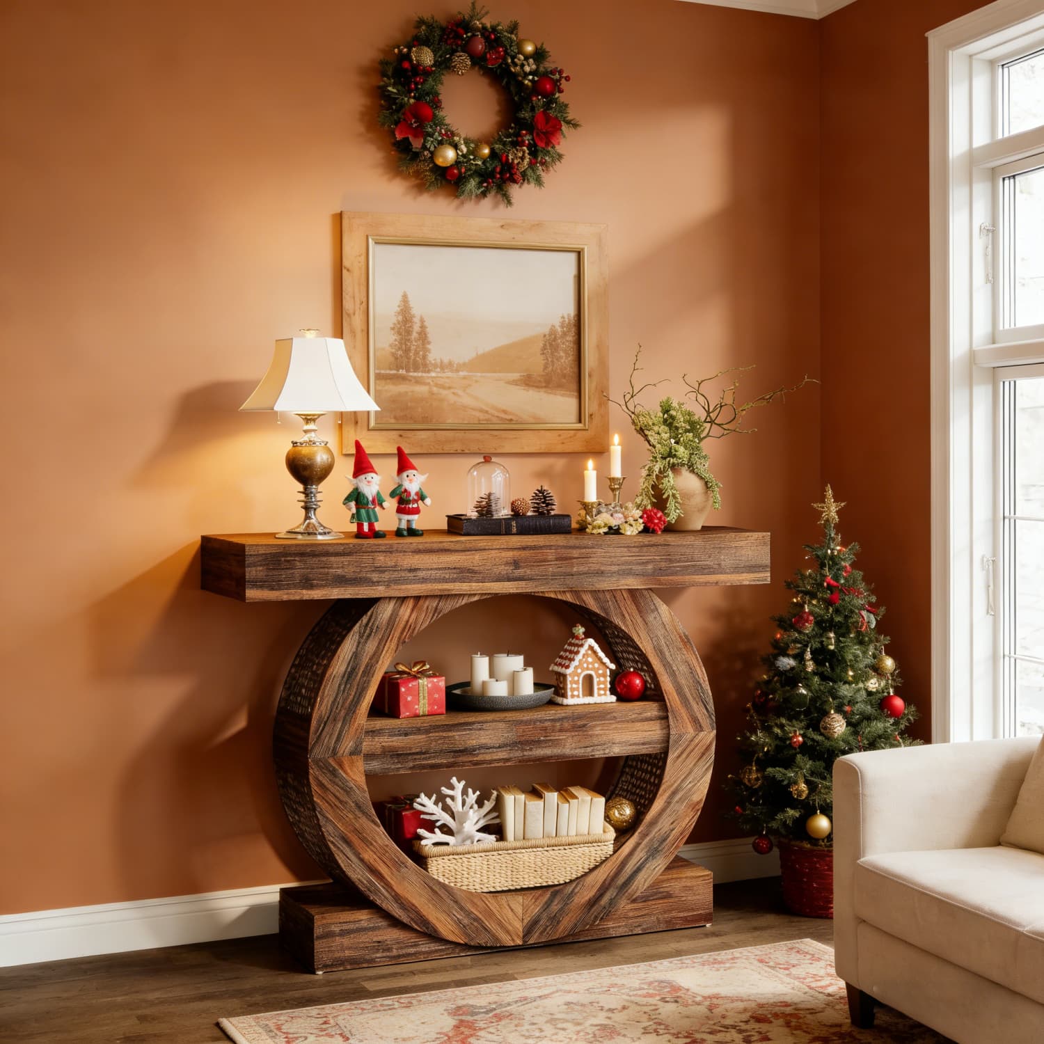 Image of 41-inch 3-tier Farmhouse Console Table With Storage And Shelves, Wooden Entryway Foyer Table For Entryway, Living Room, Hallway, And Behind Couch, Rustic Brown