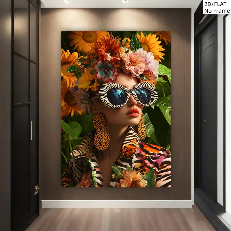 TEMU 2d Flat, 2d Flat, A 2d/flat Unframed Canvas Art Piece Featuring A Woman With A Floral Headpiece, Suitable For Home, Bedroom, And Living Room -
