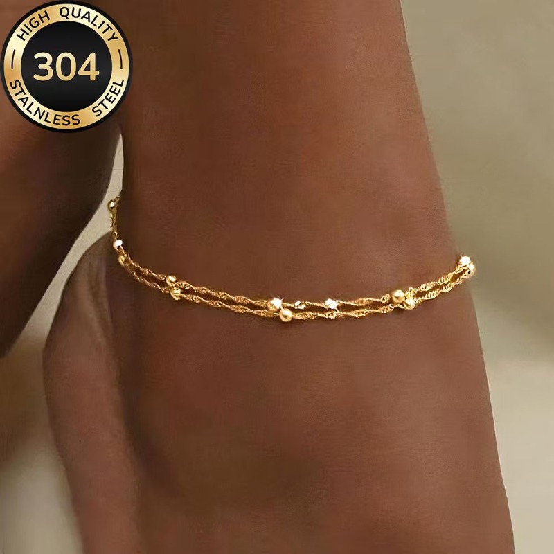 TEMU 2pcs High-quality Golden Bead Design Women's Anklet, Women's Anklet, Elegant Jewelry Accessory, Stainless Steel Foot Jewelry, Fashion Women's