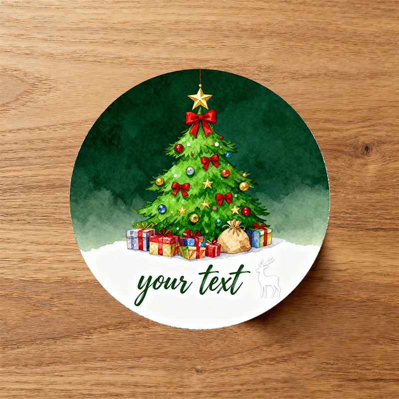 TEMU Custom Christmas Stickers - Watercolor Tree With Gifts And Red Bows | Personalized Round Labels For Holiday Wrapping, Envelopes, And Party Decor