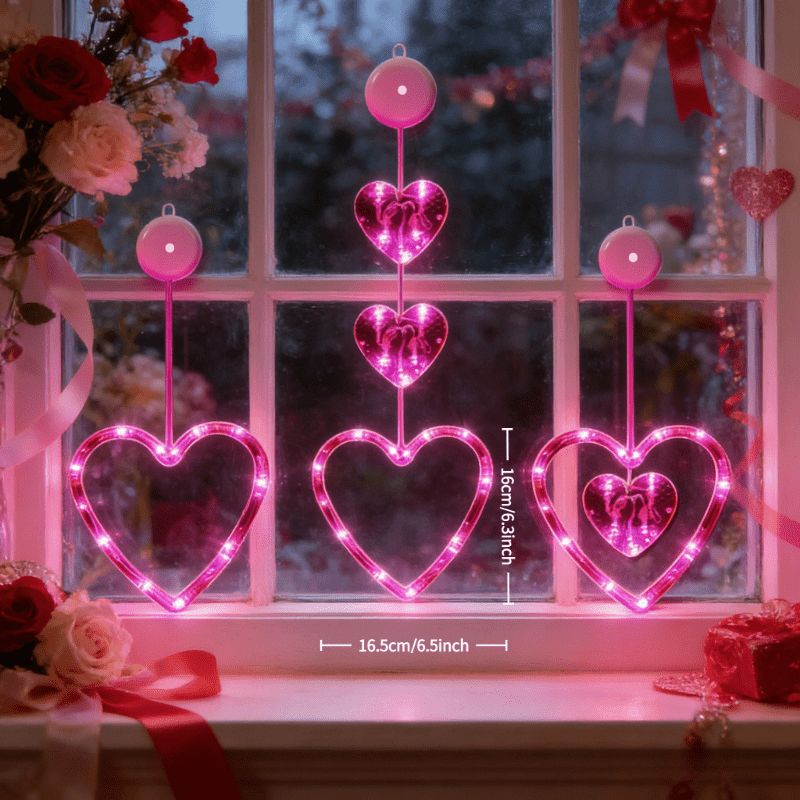 Image of 1/3pcs Valentine's Day Decorations | Red Glowing Heart-shaped Led Lights, With Suction Cup, Battery Powered, For 2026 Holiday Fireplace Indoor Outdoor Home Decor, Holiday Decor, Valentine's Day
