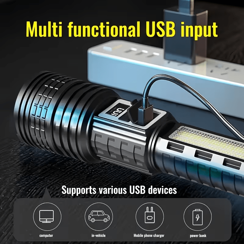 TEMU Lampe de poche LED ultra-lumineuse, 7 modes d'éclairage, affichage numérique, chargement Type-C, batterie lithium intégrée 1200mAh, robuste et