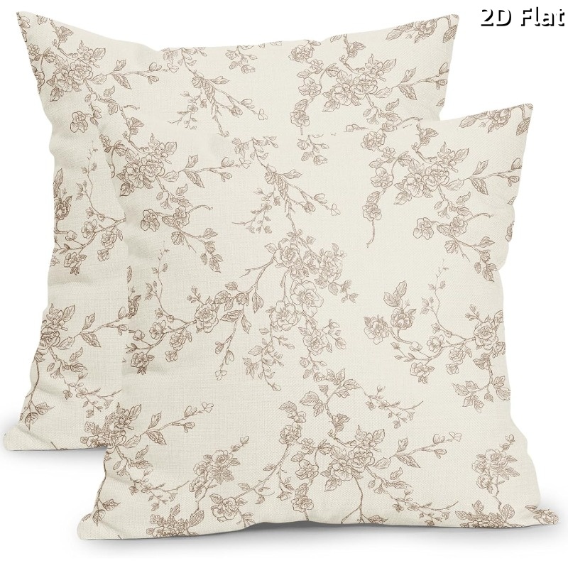 TEMU Lot de 2 taies d'oreiller plates 2D à motif de florale, base beige avec imprimé plat de branche de fleur marron , taie d'oreiller décorative,