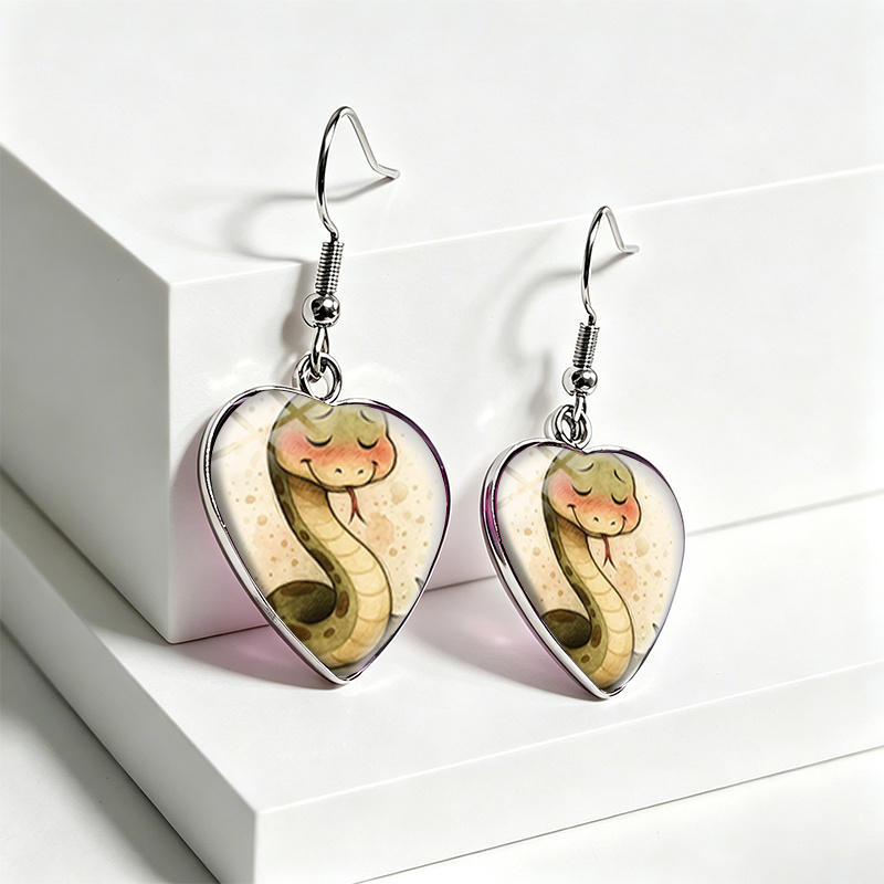 Handmade Sleepy Snake Heart-Shaped Dangle Earrings