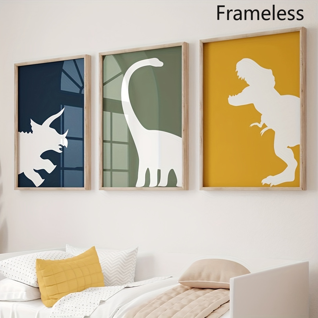 TEMU 2d Flat, 2d Flat, Room Decor 3pcs Dinosaur Canvas Wall Art Set, Frameless Prints, Navy Blue, Green And Mustard, , Triceratops And Brontosaurus,