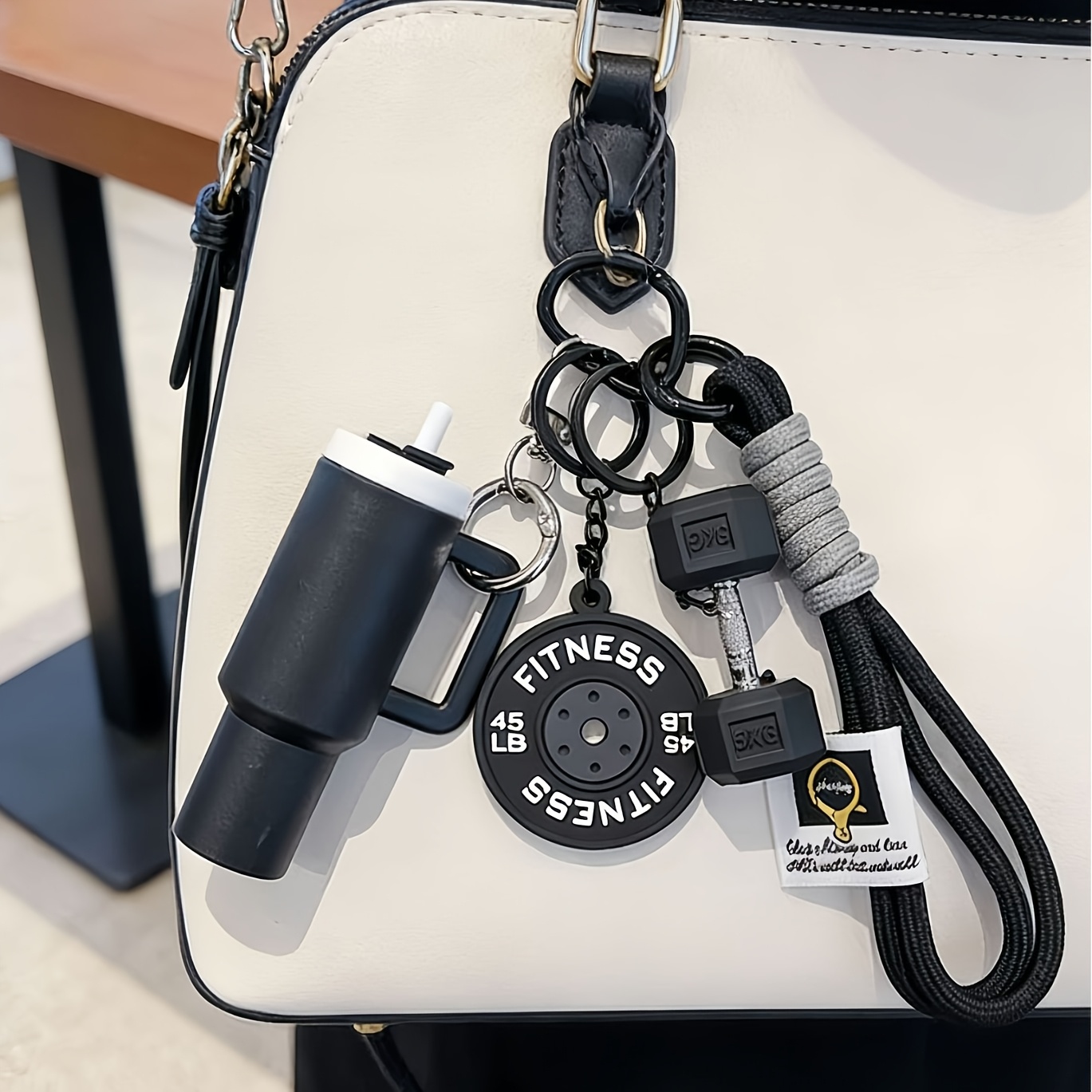 TEMU Fitness Equipment Keychain Set, Including Braided Rope, Barbell, Dumbbell, Water Bottle, Gym Bag, And Backpack Accessories, A Gift For Fitness