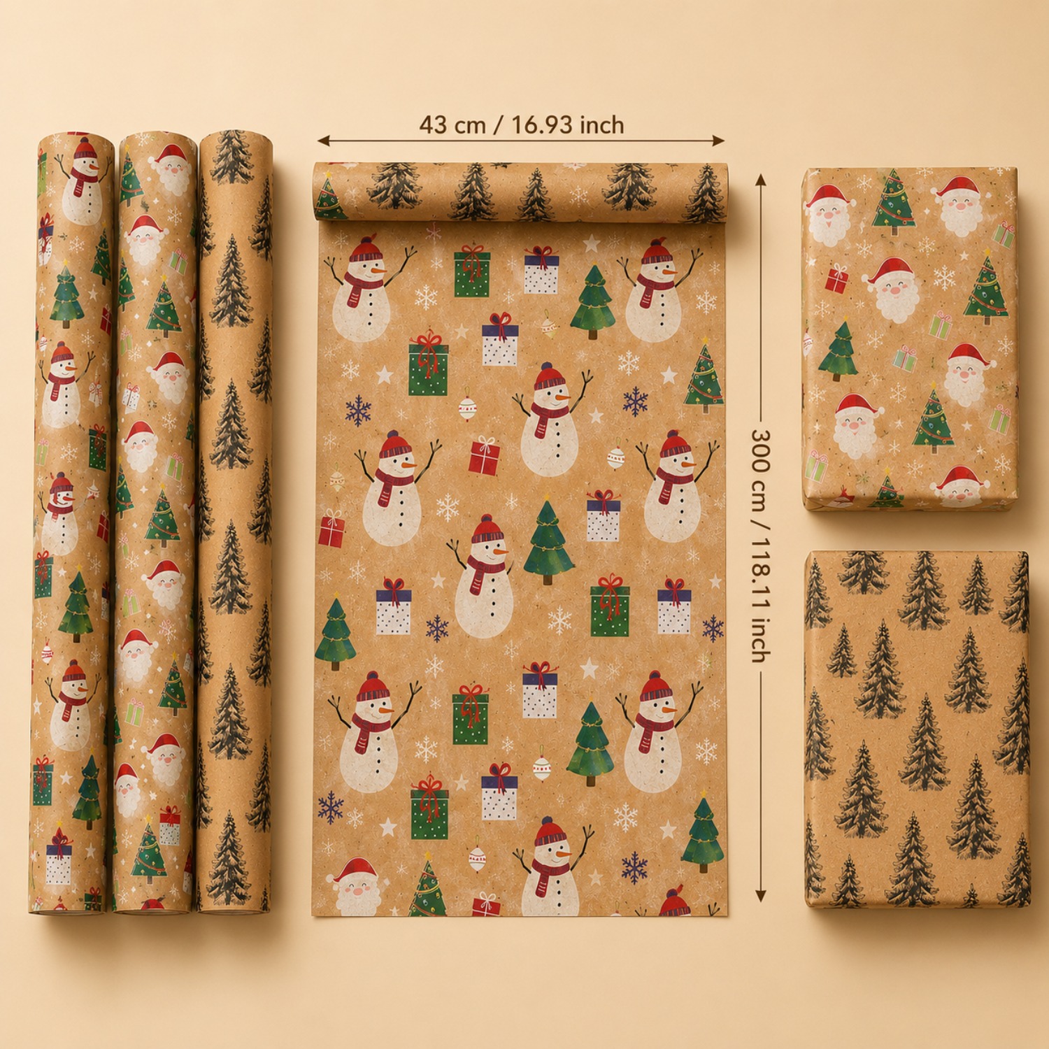 Image of 3pcs, Christmas Wrapping Paper Rolls, 43 Cm/ 16. 118.11 Inches Each, -style Snowman, Santa Claus, Gift Box, And Vintage Pine Tree Designs For Xmas Presents, Gift Boxes, Parties, And Crafts