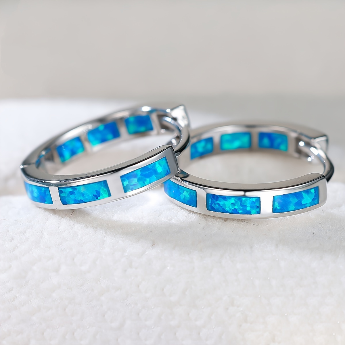 

1 Pair Elegant Bohemian Style Blue Opal Inlay Stainless Steel Hoop Earrings For Women - Ideal For Weddings And Parties