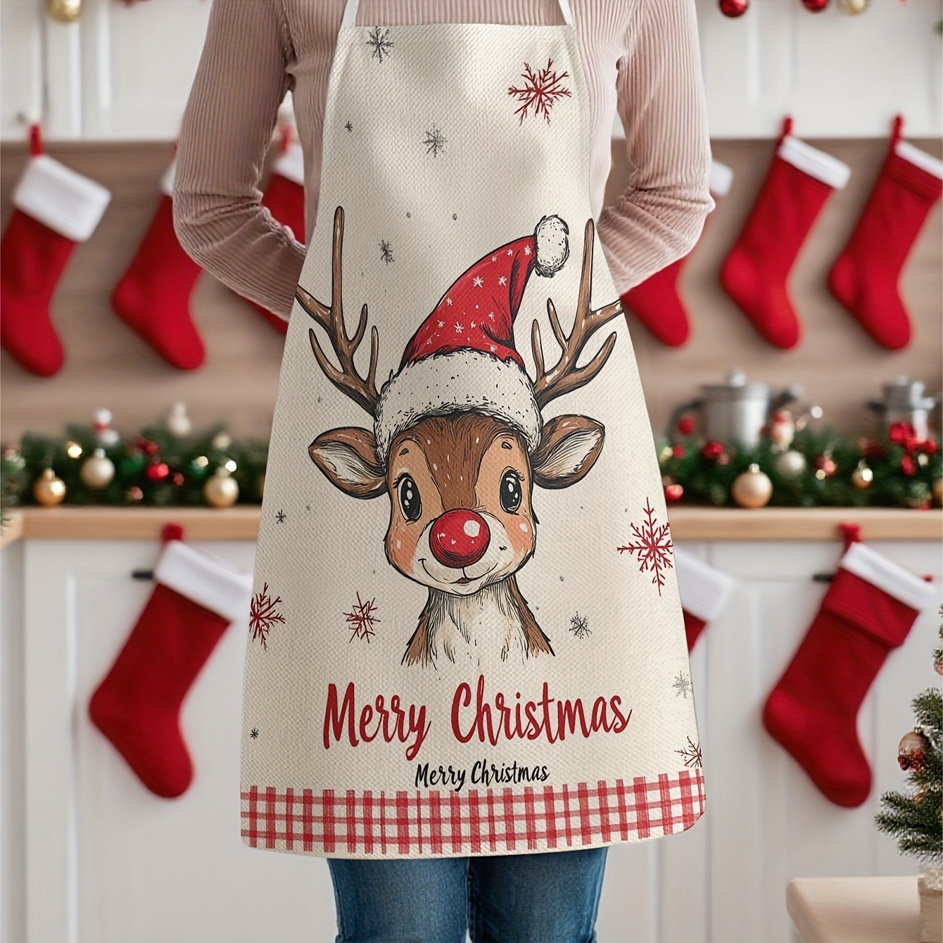 Image of 1 Christmas-themed Apron Made Of Linen: It Showcases An Adorable Reindeer Wearing A Santa Hat, Along With Snowflakes And 'merry Christmas', Ideal For Decoration