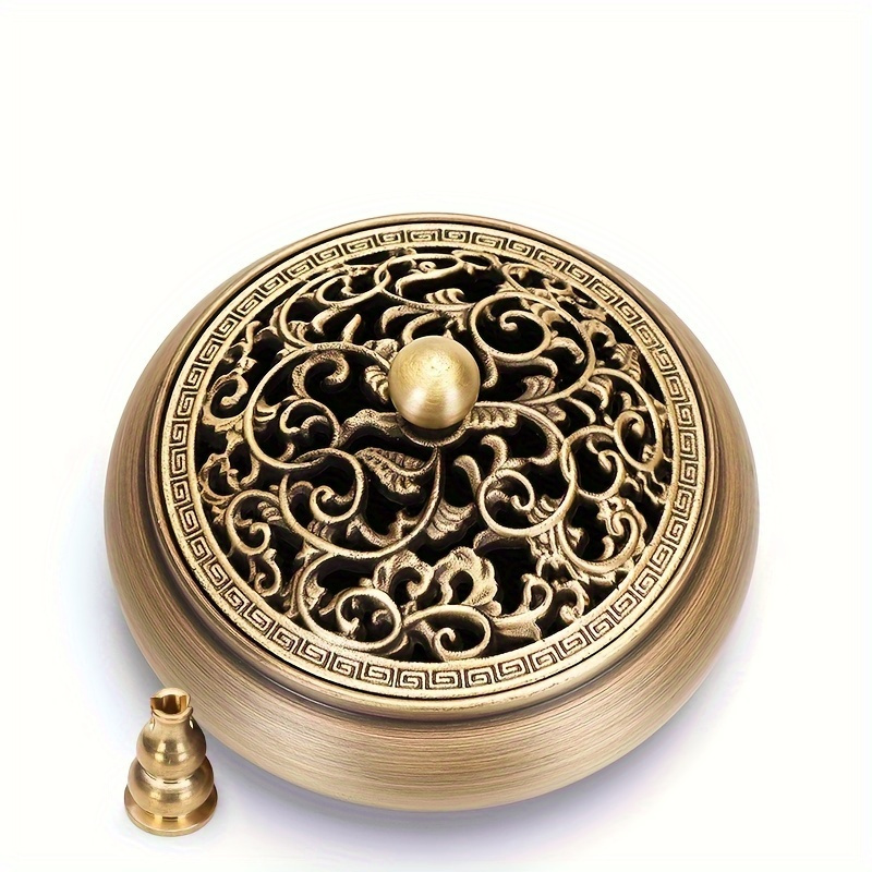 E-shop 3-teiliges Messing-Räuchergefäß-Set - Trollius Chinensis, flacher Boden, Ofen mit Kürbis-Räucherstäbchen-Unterlage und feuerfester Baumwolle -