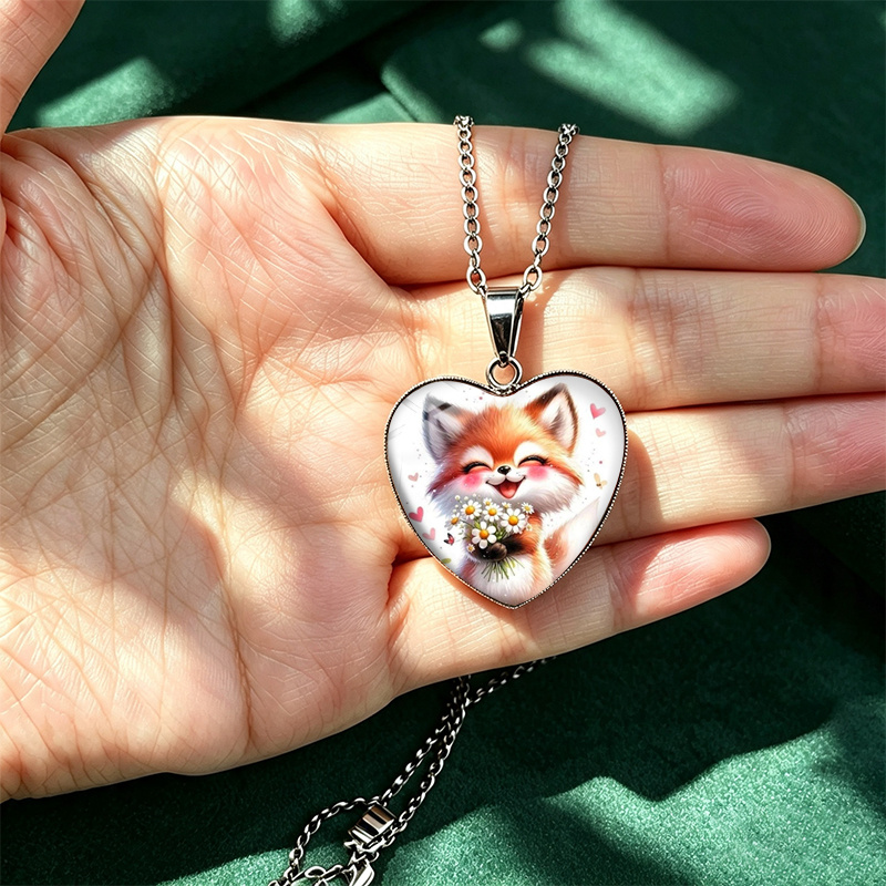 3pc Cute Fox Holding Daisies Glass Necklace & Earrings Set