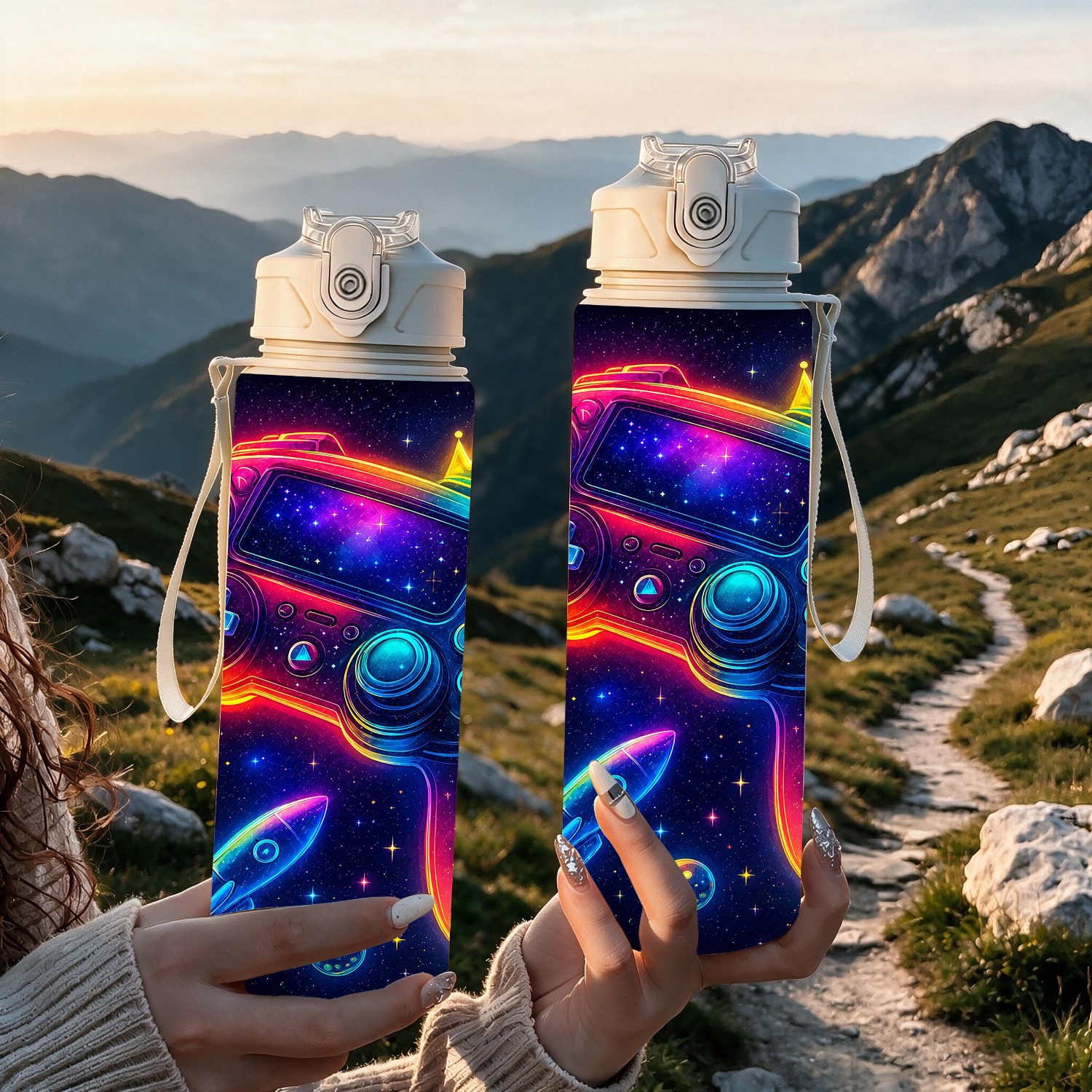 1pc cyberpunk style game controller pattern neon esports trend 750ml 26oz plastic sports water bottle cute printed design leak proof with   up lid lightweight sturdy and durable large capacity reusable suitable for office gym