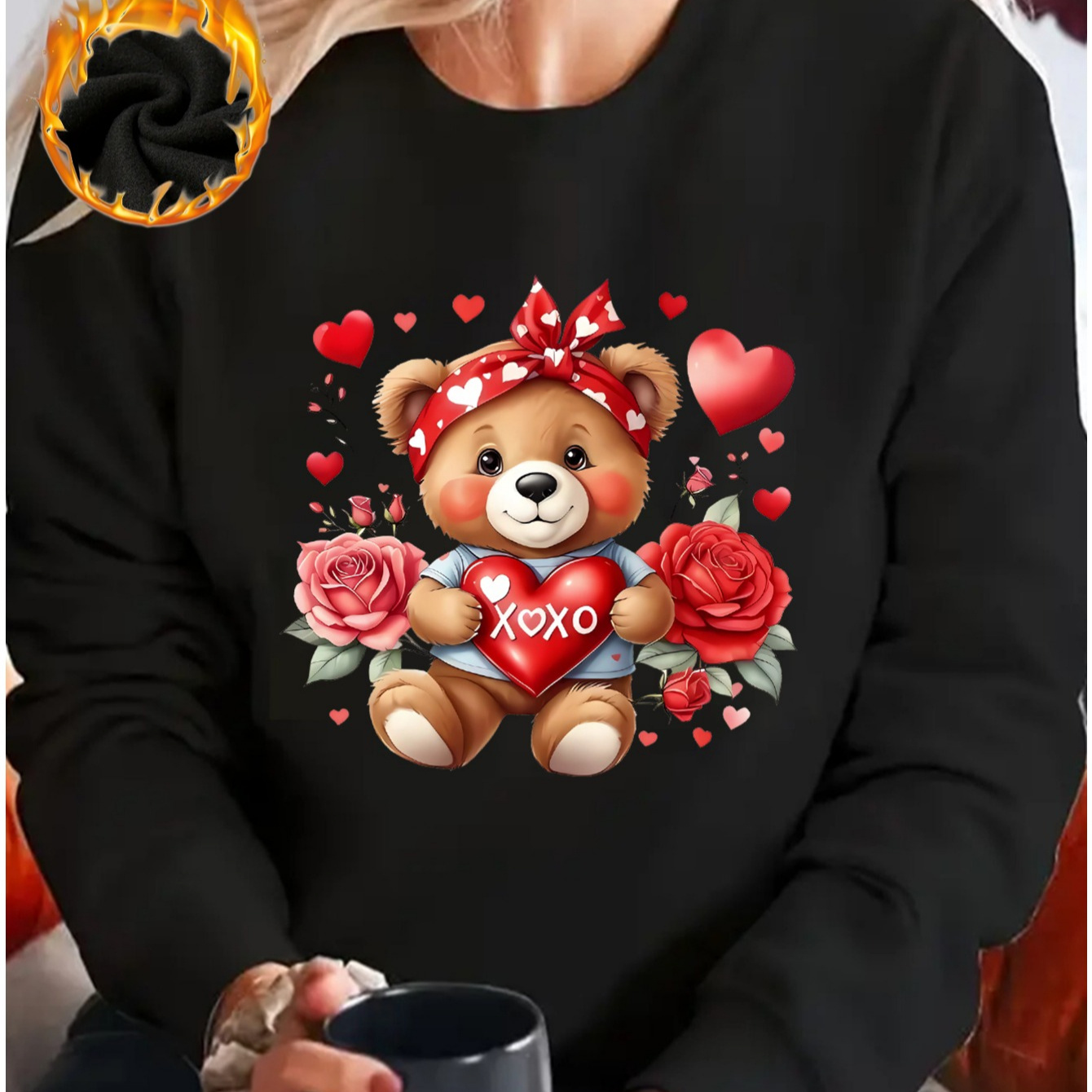 

Cozy & Cute Bear Sweatshirt For Women - -lined, Long Sleeve Pullover With "" & , Round Neck - Valentine's Day & Casual Attire, Cozy Sweater