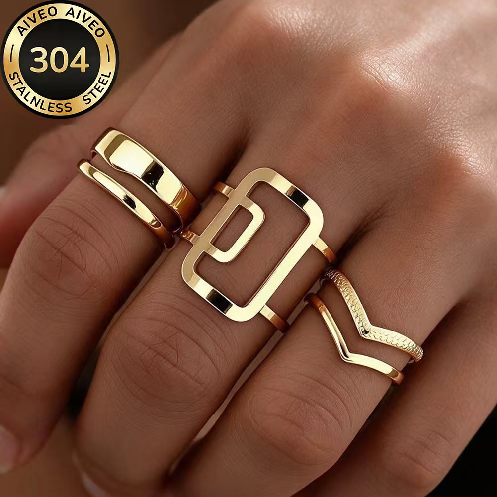 TEMU 3pcs Ring Set High-quality 304 Stainless Steel Low-allergy Golden , Polished, Kc Golden Plated, Anti-tarnish, Easy And Elegant, Suitable For