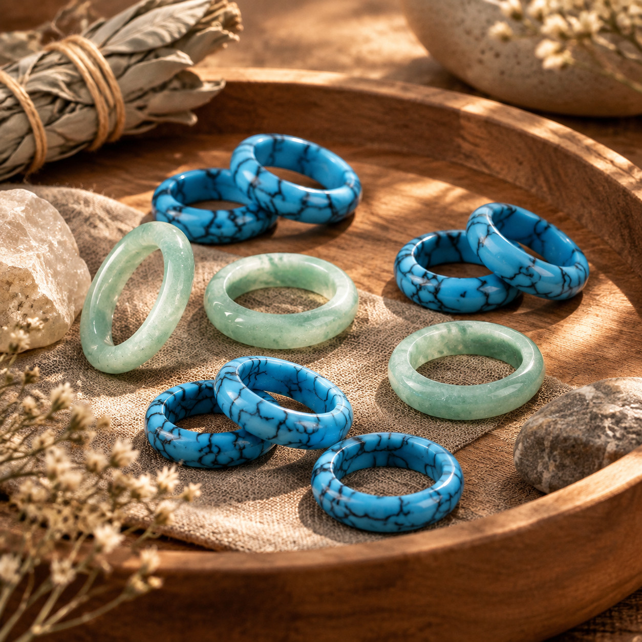 2pc Green Aventurine & Blue Turquoise Stackable Ring Set