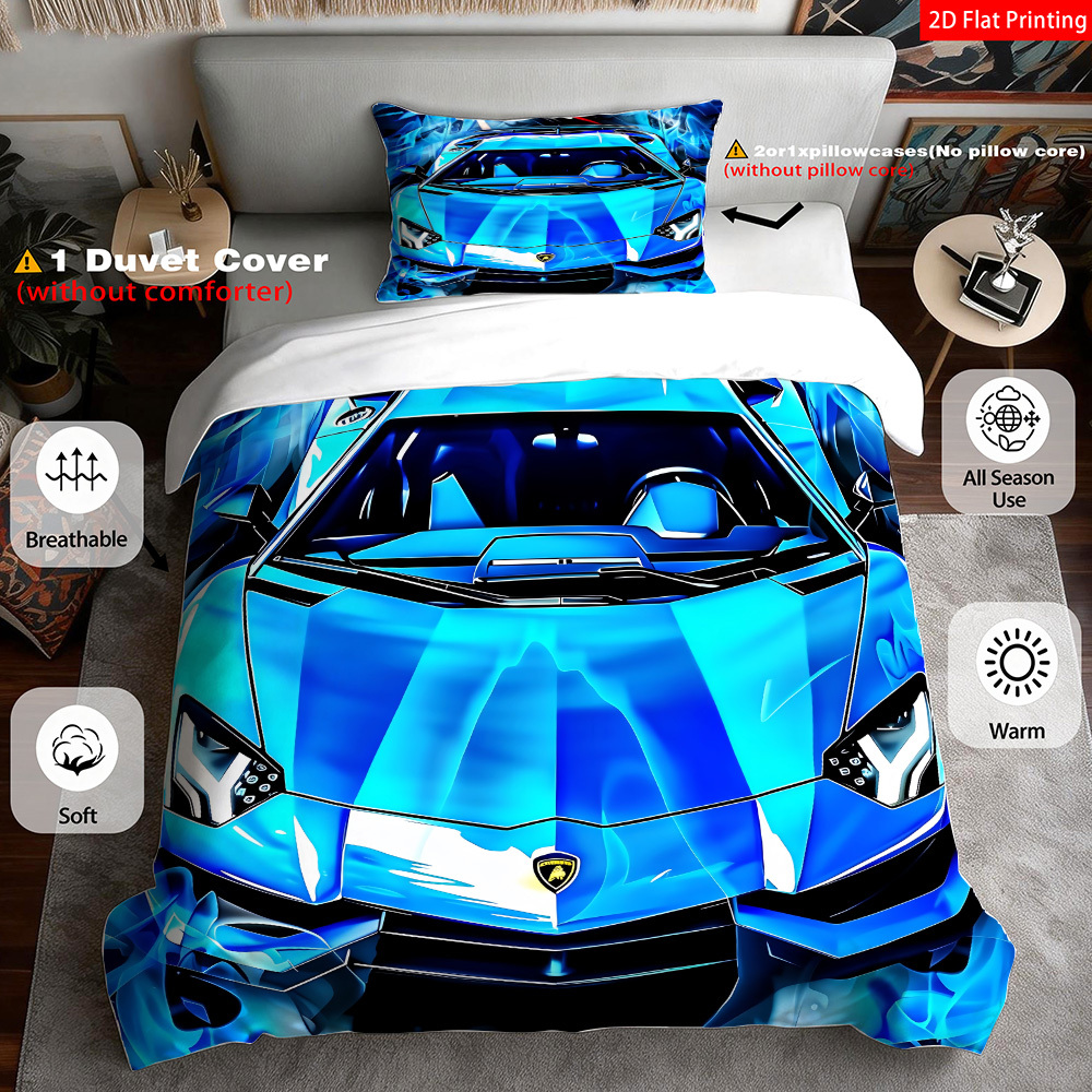 TEMU 2d Flat 2/3pcs Printing Car For Bedroom Decor, Bedding Quilt Cover Pillowcases (1*duvet 1/2*pilowcases, Without Core)., 2d Flat