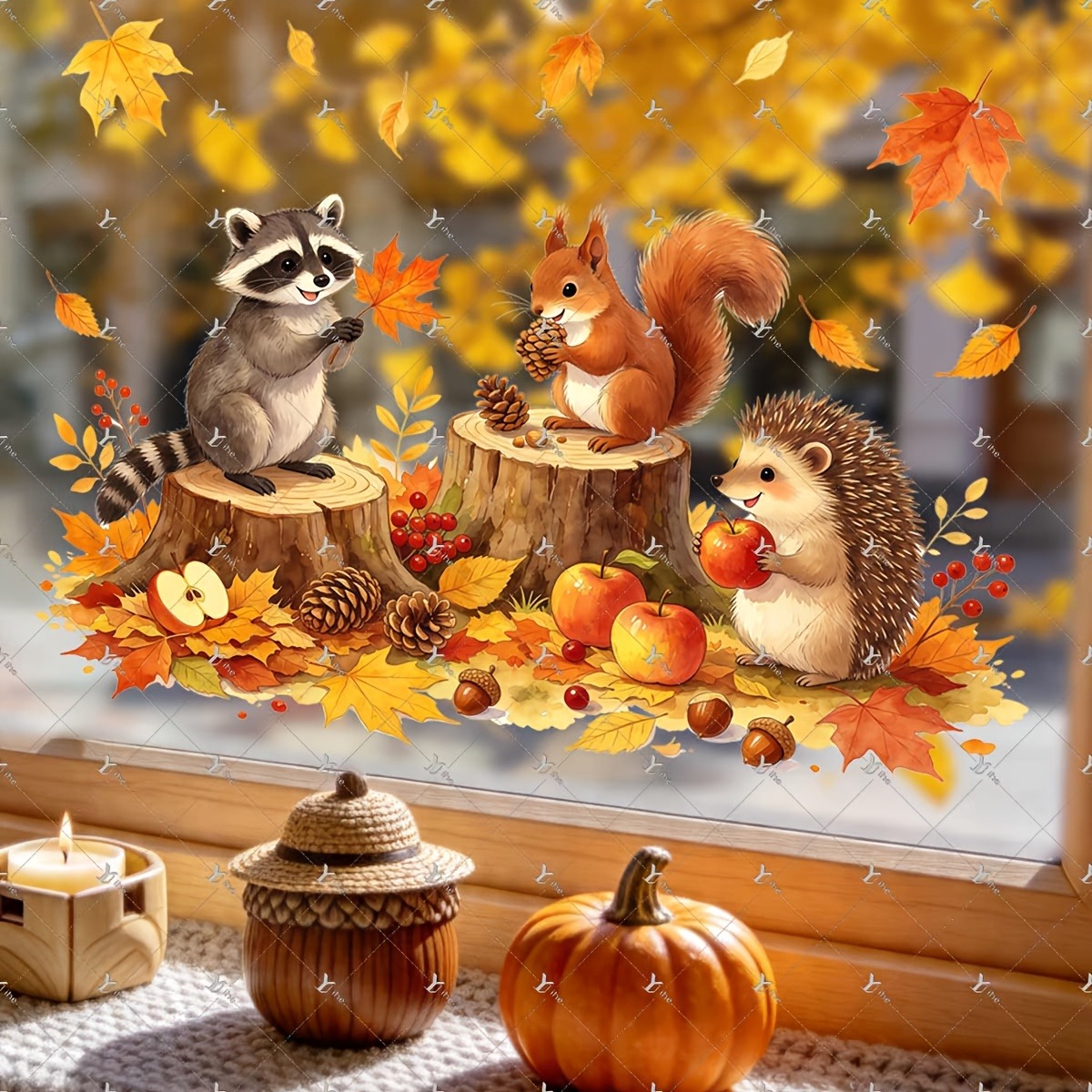 TEMU 2d Flat - 2d Flat - 2d Flat Window Stickers, Autumn Thanksgiving Day Squirrel Raccoon Maple Leaf, No Glue Removable & Reusable, For Home & Shop