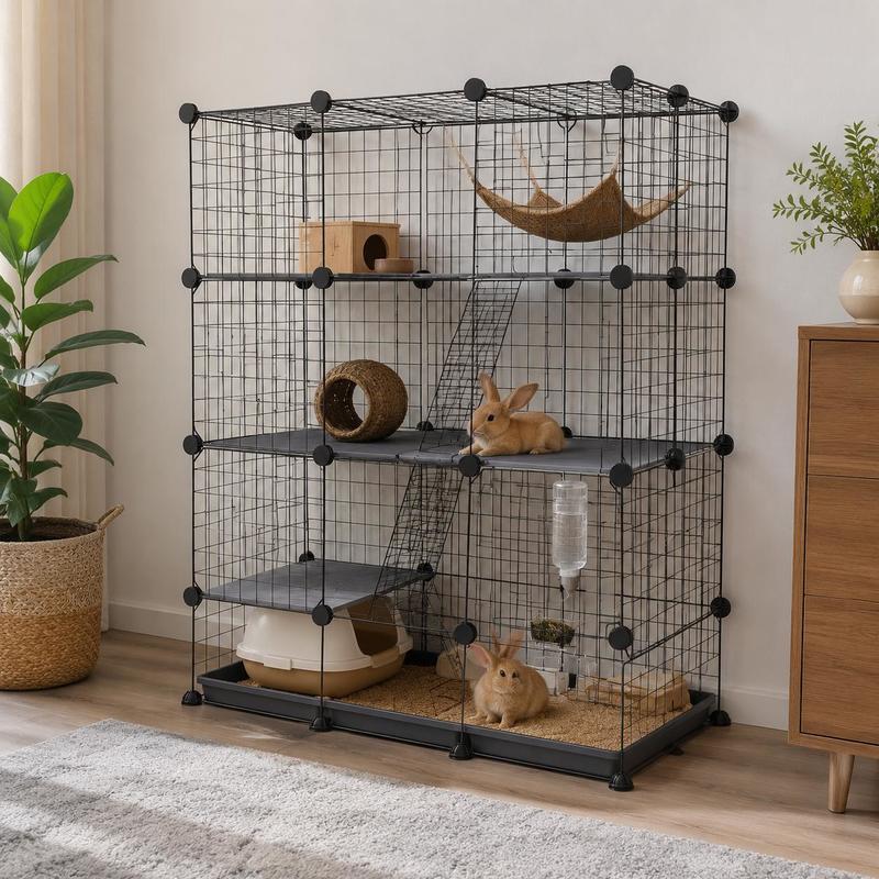 Modular 3-tier Pet Playpen 111x75x119cm, Metal Wire Rabbit Cage With , Indoor Exercise Enclosure For Bunnies Guinea Pigs , Black