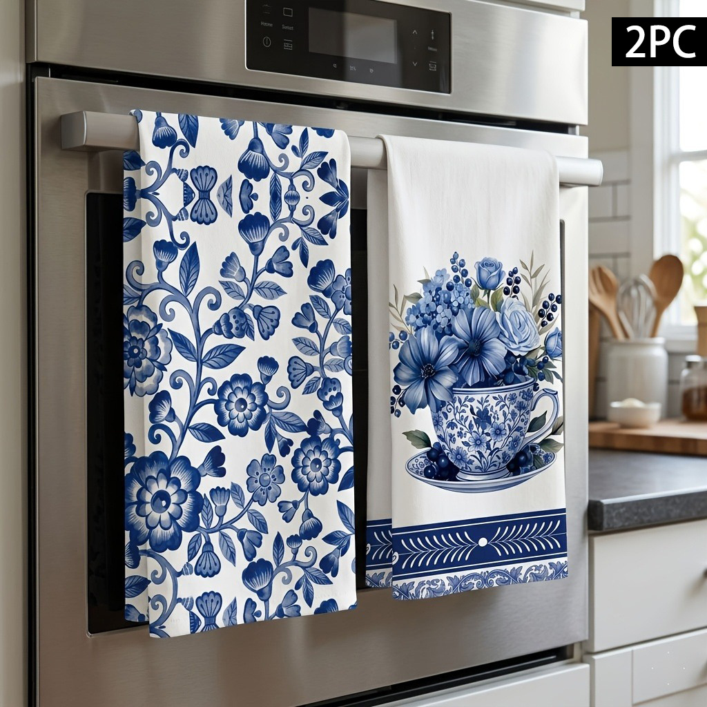 TEMU 2pcs Pack 2pcs Suitable Cleaning Cloth & Tea Towels, Vintage Blue And White Porcelain Floral Microfiber Cloths, Quick-dry Dish Towels, Suitable