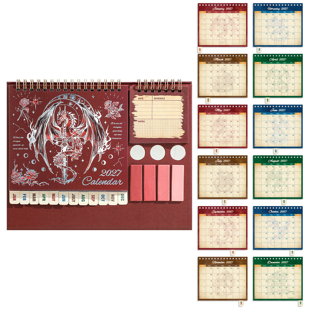 TEMU Calendrier de bureau 2027 avec autocollants, thème dragon , agenda mensuel 12 mois, organisateur d'emploi du temps portable pour bureau, maison,