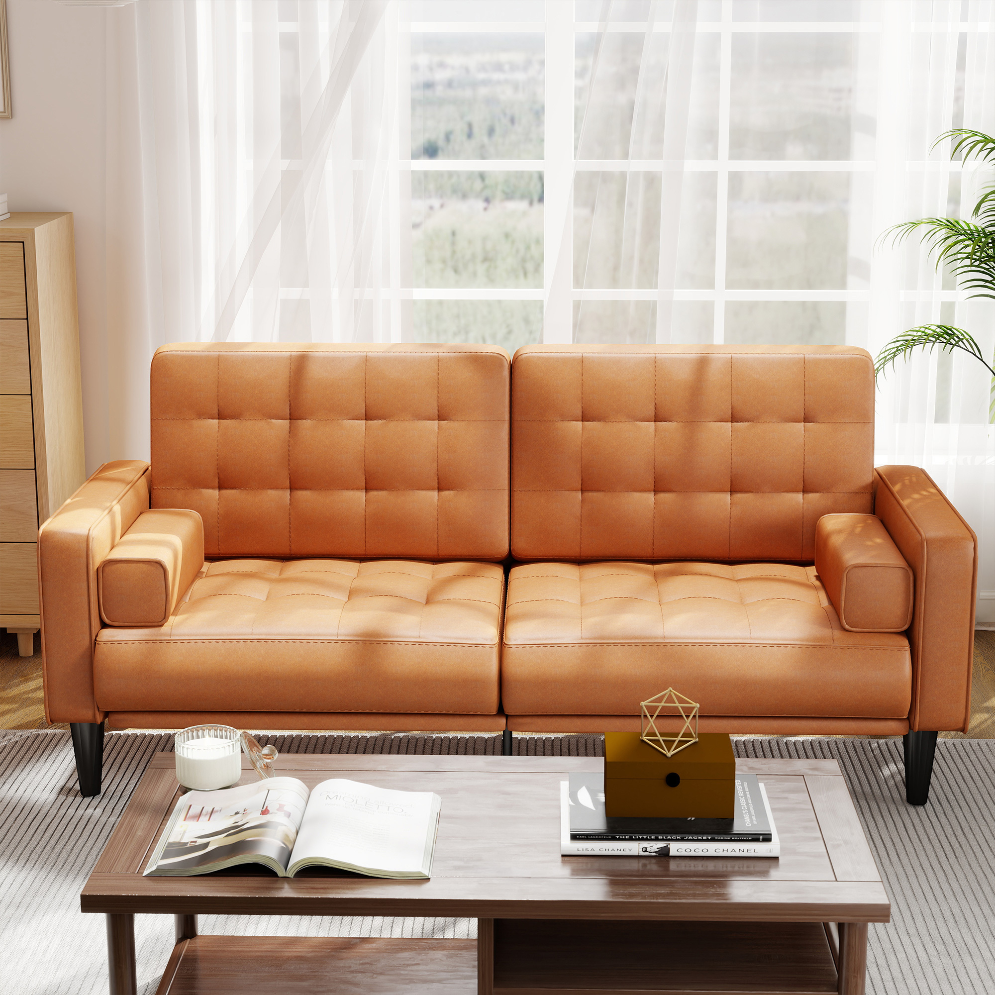 70inch Mid-Century Modern Couch, Breathable Faux Leather Couch with Upholstered Cushions/Pillows, Metal Decorative Legs. Combines Comfort And Durability, for Living Rooms/Offices, Convenient And Practical, Easy to Assemble.