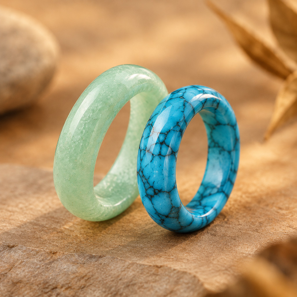 2pc Green Aventurine & Blue Turquoise Stackable Ring Set