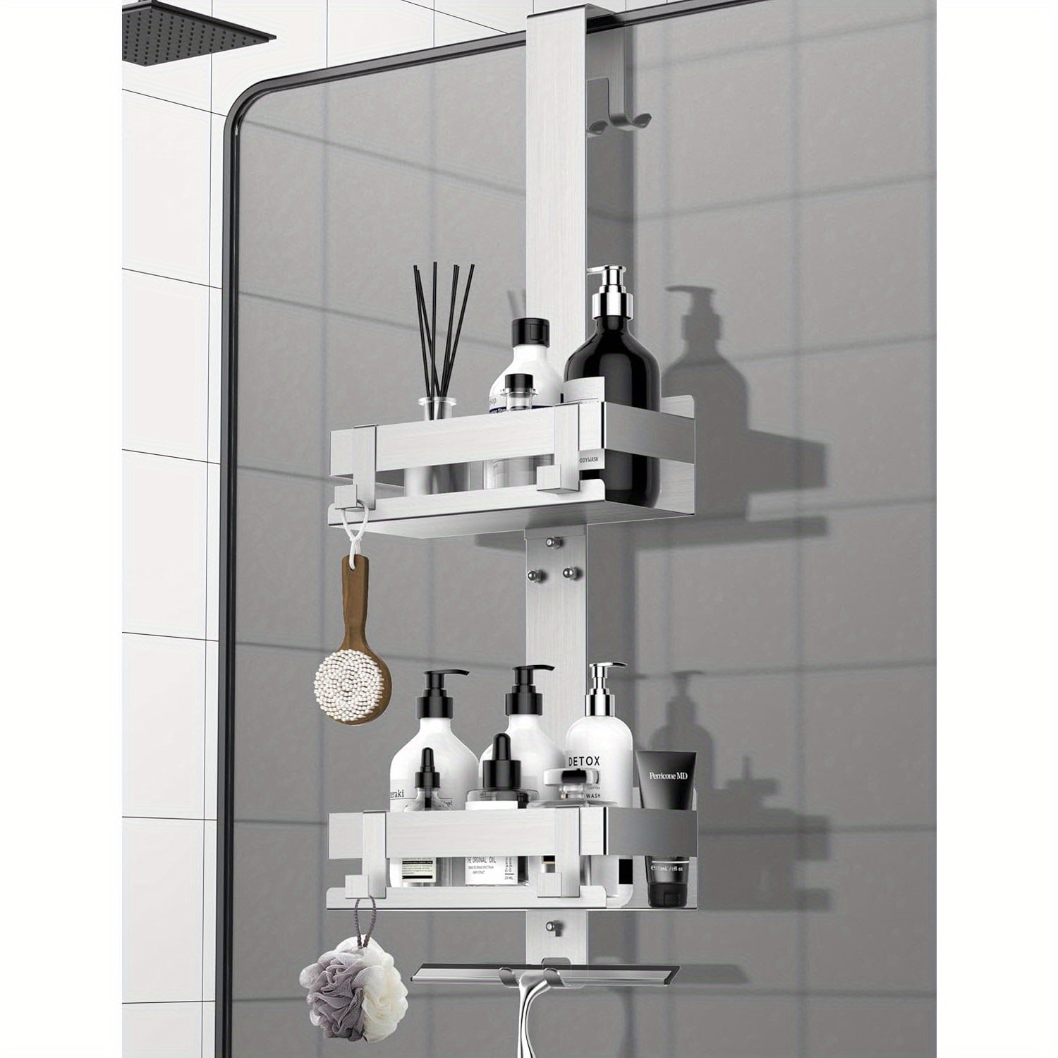 Shower Shelf Without Drilling, Shower Shelf Without Drilling, Set Of 2, Shower Shelf With Hooks, Shower Shelf, Suitable For Bathroom And Kitchen