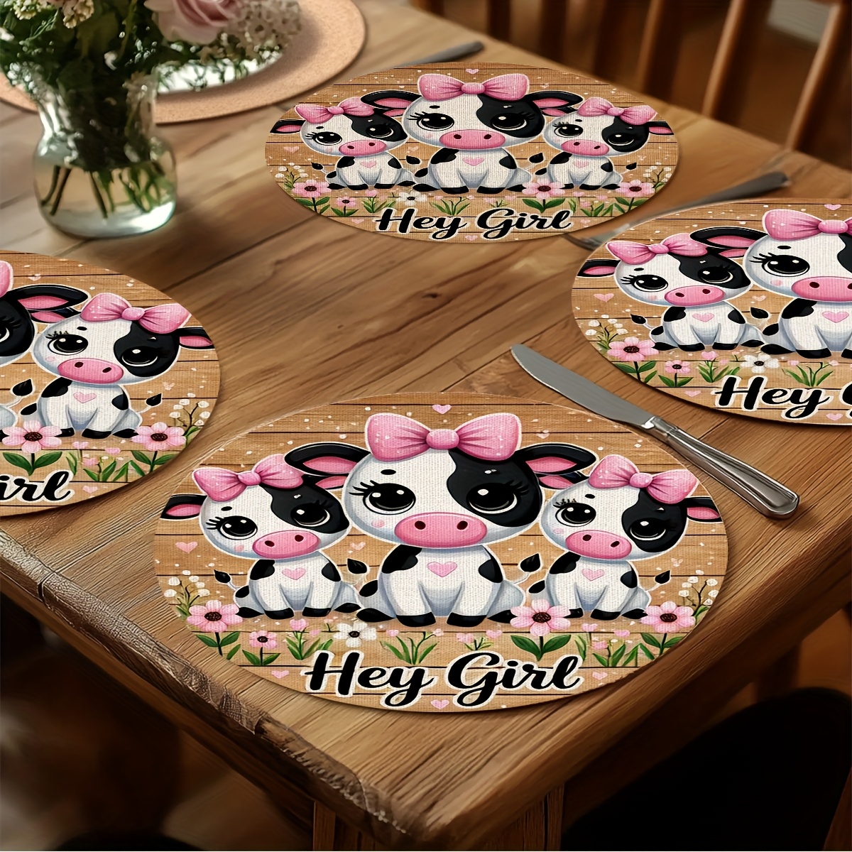 TEMU Of 4 Adorable Cartoon Cow And Floral Round Table Mats, Measuring 15x15 Inches. Are Machine Washable And Perfect For Kitchens, Parties, And