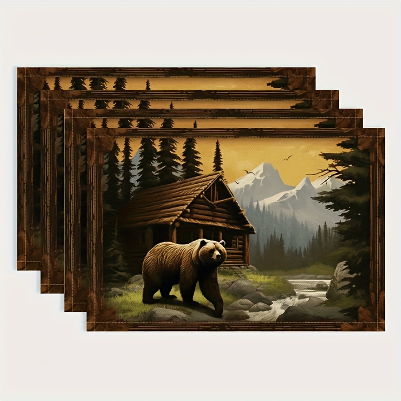 TEMU Ensemble de 4 nappes de table modernes avec un motif de , d'ours et de montagne, parfaites pour les tables à manger, les cuisines, les fêtes et