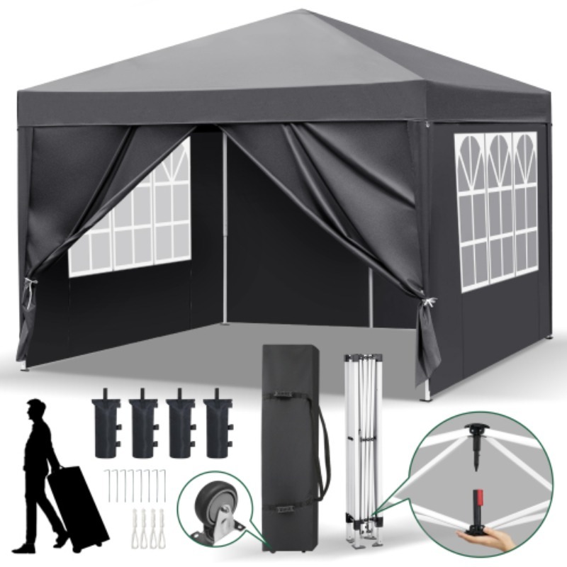 Image of 10x10ft Dark Grey Open Foldable Canopy, 4-panel With 2 Doors & 2 Windows, 25/20mm Leg Tubes & 10x18mm Cross Bars, Powder-coated Frame, Includes 4 Sandbags & Wheeled Carry Bag, Portable Outdoor Shelter