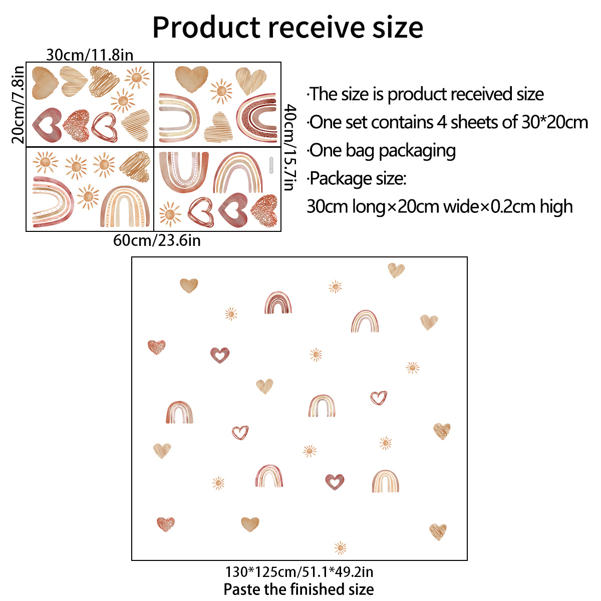 Image of 1 Set (20 X 30 Cm X 4pcs) Heart Rainbow Sun Wall Stickers For Room, , Bedroom, Bathroom, Toilet Wall Stickers Background Wall Stickers Ms8395