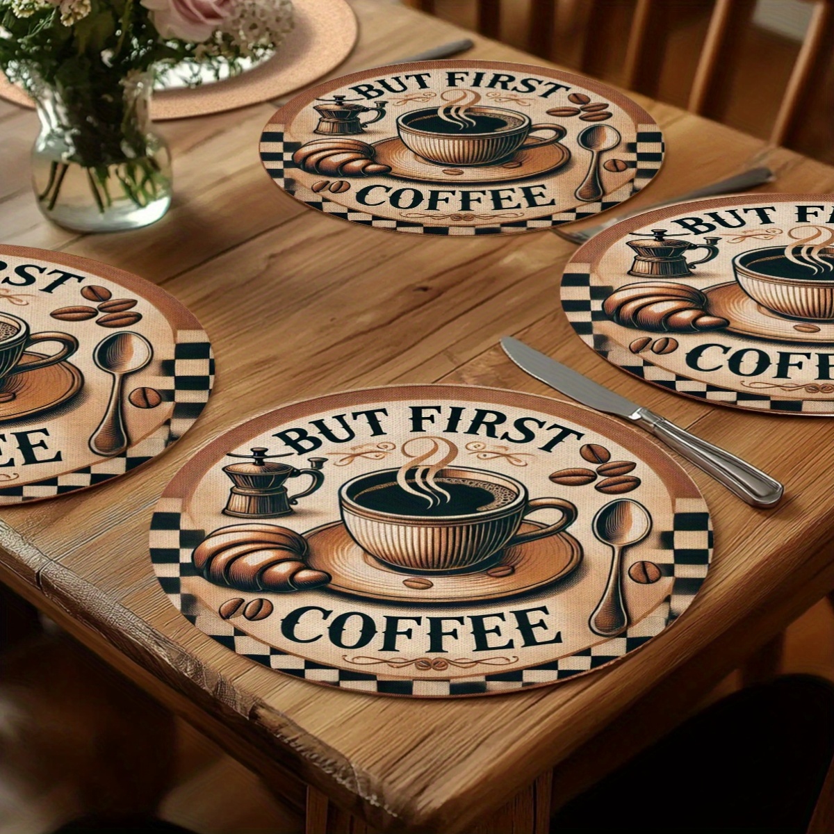 TEMU 4pcs Retro Coffee Placemats Suitable & Dining Table - Square Washable Table Mats With ", Coffee" Coffee Bean Design, Plastic & Hand Washable,