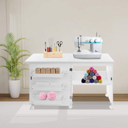 folding sewing craft table measuring 47 by 16 by 31 5 inches sewing machine desk featuring storage shelves and a sewing cabinet with designed for compact areas in white utility racks