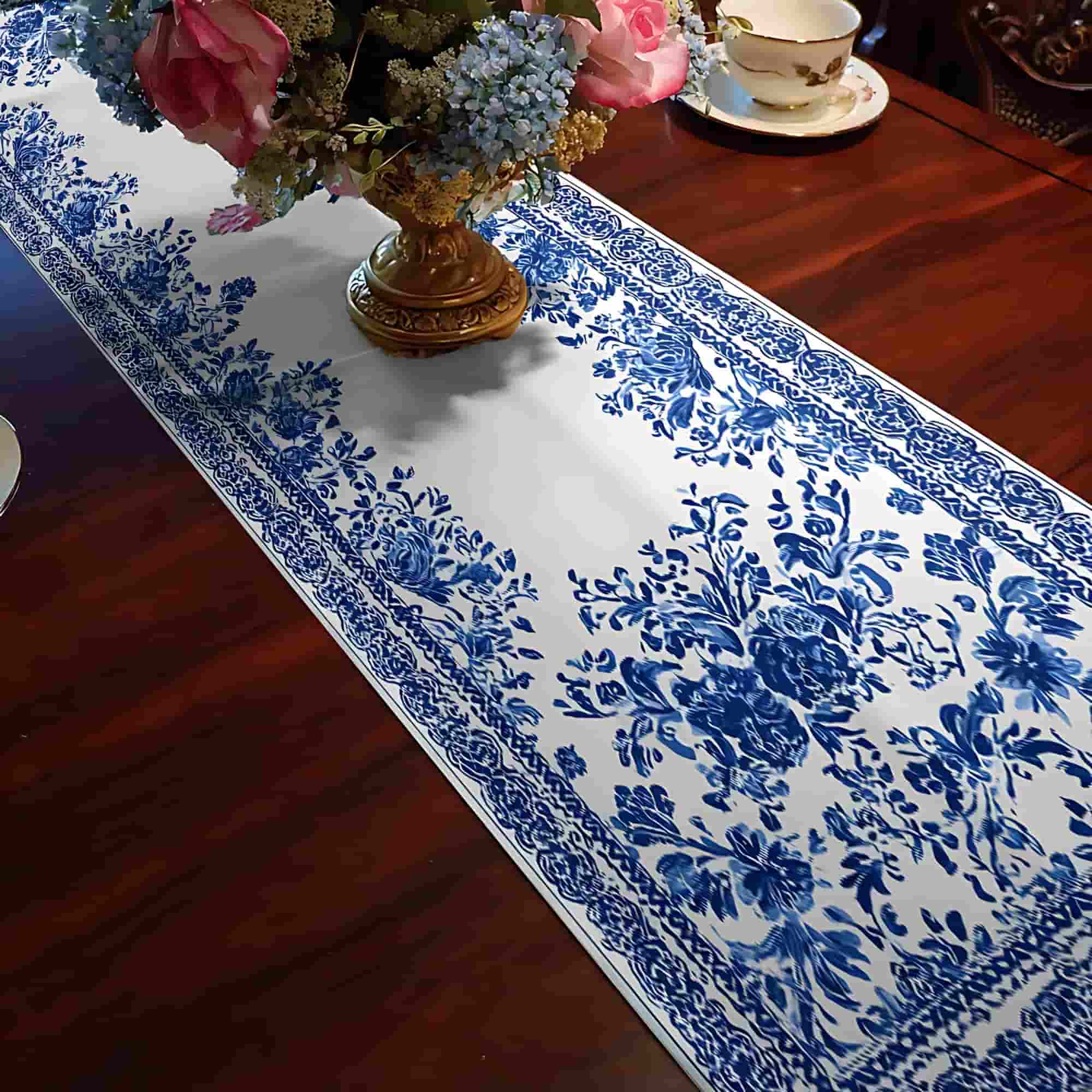 TEMU 1pc Blue And White Porcelain Table Runner, Chinese Style Peony Floral Dining Table Decoration Cloth, Rectangular Table Runner, Coffee Table