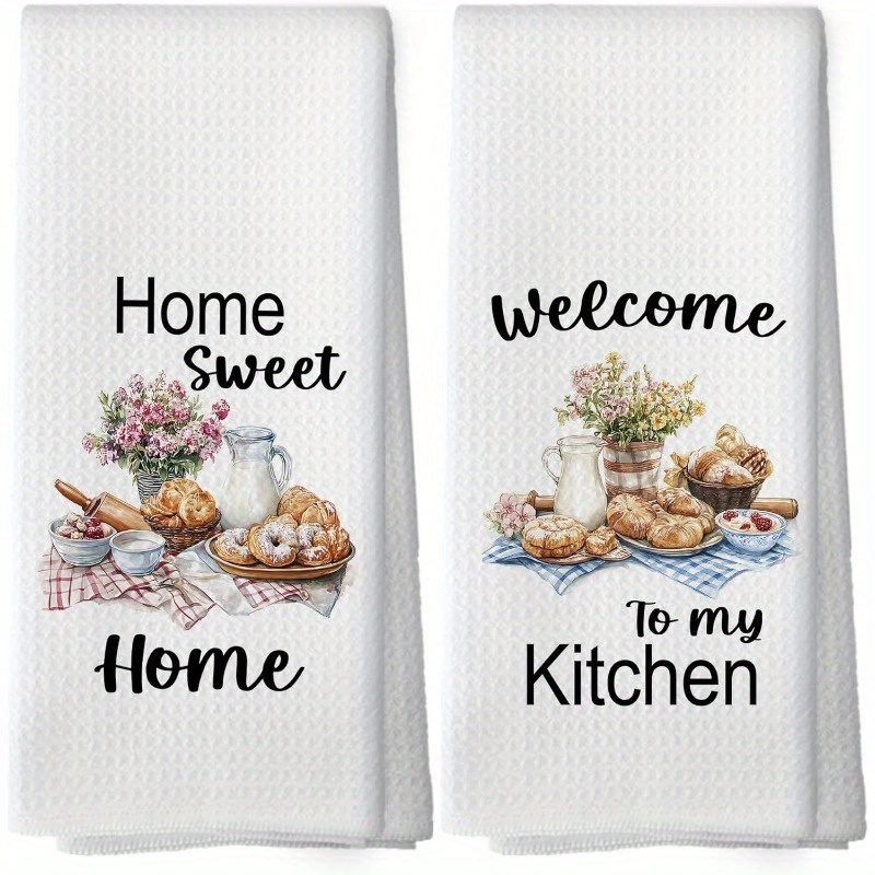 TEMU 2pcs Set 16 X 24 Inches Absorbent Dish Towels - Farmhouse Floral Patterns, With " A Sweet " And "welcome To " Text, Machine Washable Polyester