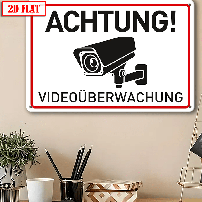 Image of 2d Flat, 1pc Metal Sign, Achtung Videouberwachung Schild - Warnschilder Und Hinweisschilder - Videouberwacht Schilder[german Language], 8*12in/ 20*30cm, 2d Flat