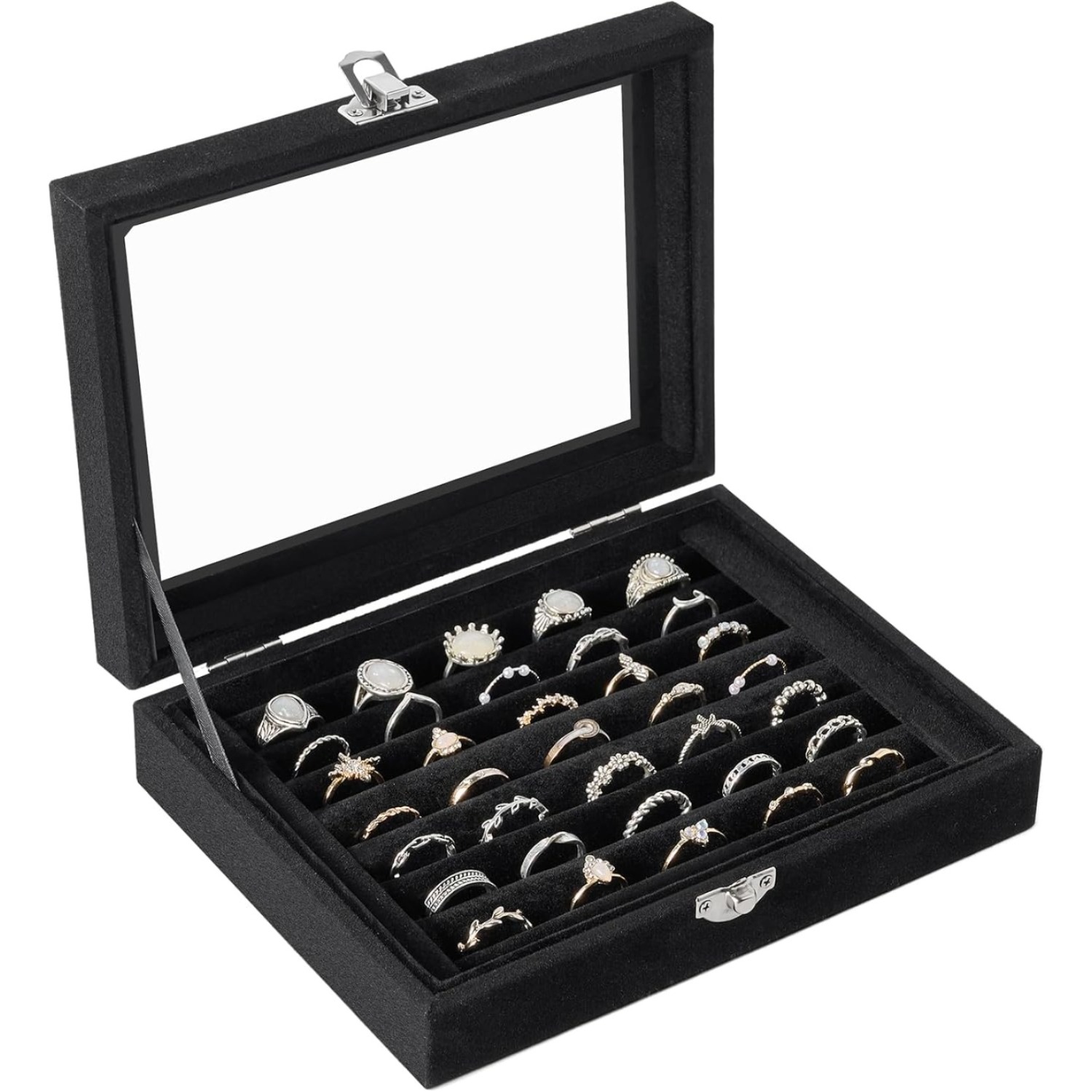 TEMU Ring Jewelry Storage Box, 49-slot Ring Display Storage Case, Earring Display Box - Black Velvet Jewelry Tray With Transparent Glass Lid - Ideal