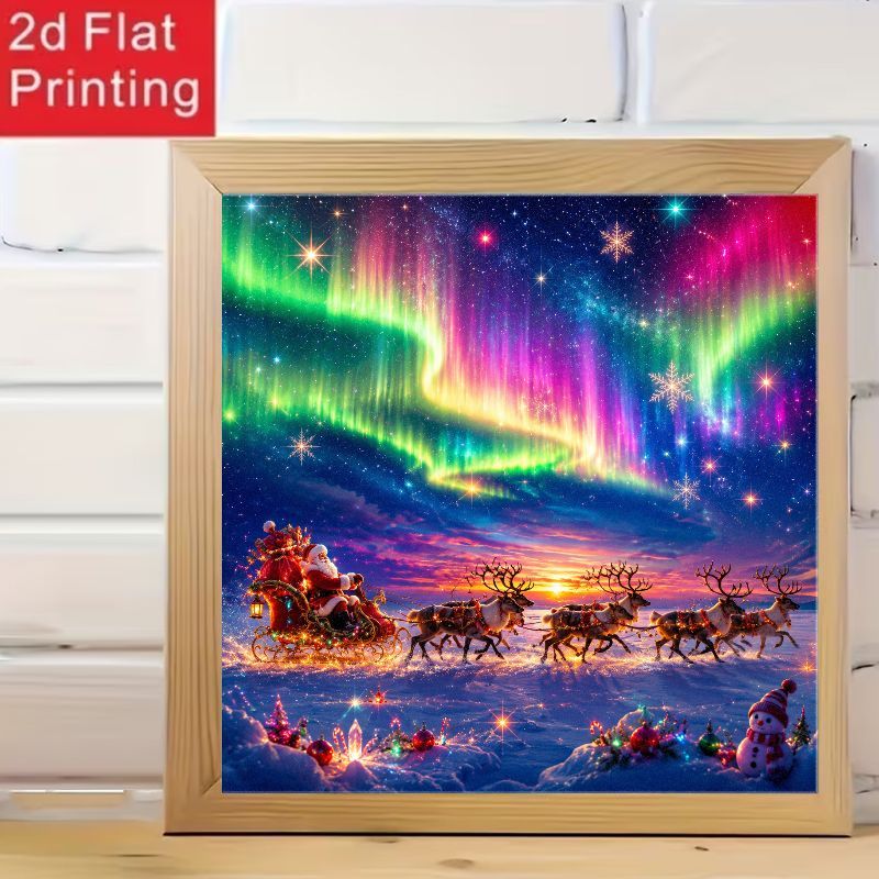item picture 1pc 2d flat diamond painting kit santa claus driving sleigh under aurora night sky pattern reindeer racing in snowy scene handmade acrylic round diamonds tool bag   completed independently or   as handmade gift to  