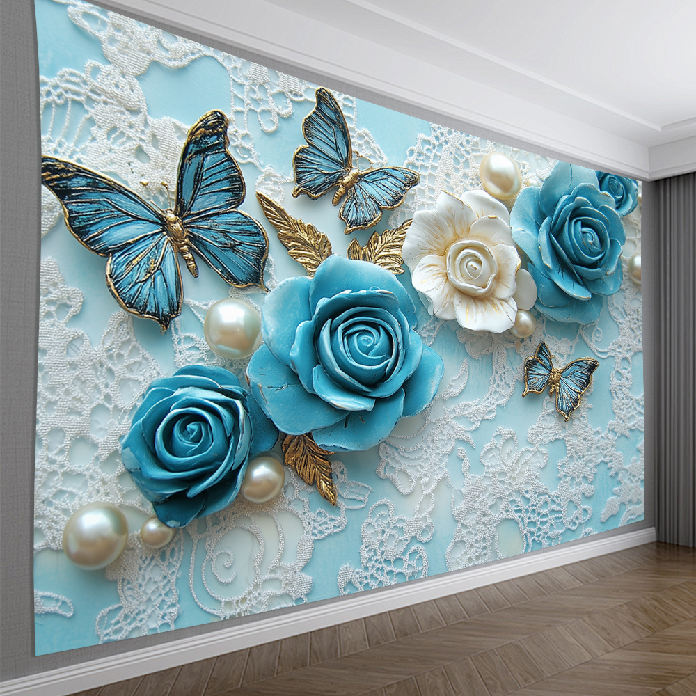 

A 3d Visual Effect Backdrop Featuring Blue Flowers And Butterflies, Suitable For Living Rooms, Bedrooms, Offices, And Party Decorations; A Perfect Creative Gift.