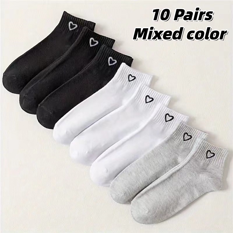 10 Pairs Black And White Heart-patterned Couple's Socks | Breathable, Moisture-wicking, Casual For Sports Style, Ideal For Sports Shoes And Casual Socks Wear, Perfect Valentine's Day Gift