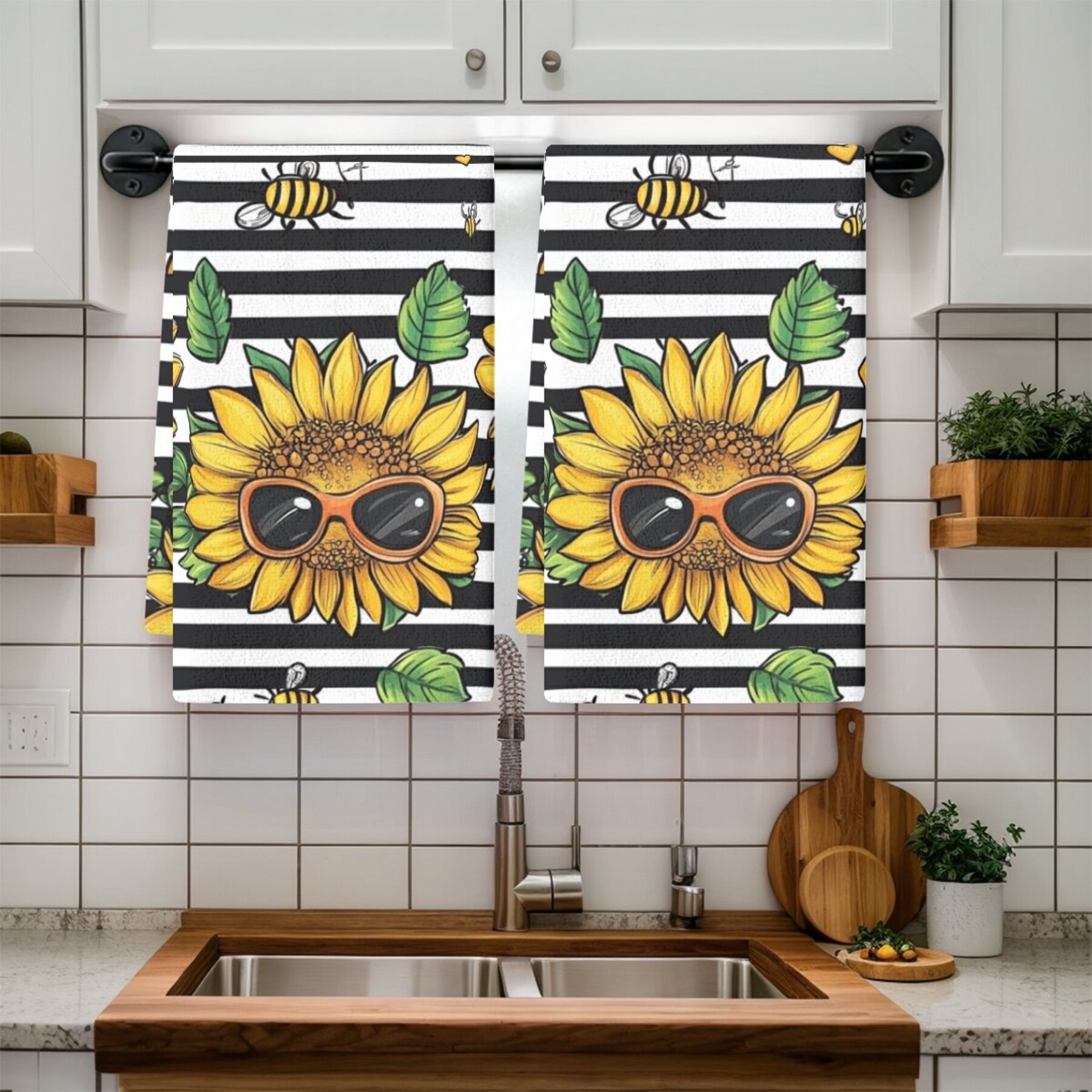 2pcs modern sunflower patterned polyester dish cloths, woven oblong hand wash only kitchen towels with floral theme, dish towels for kitchen details 4