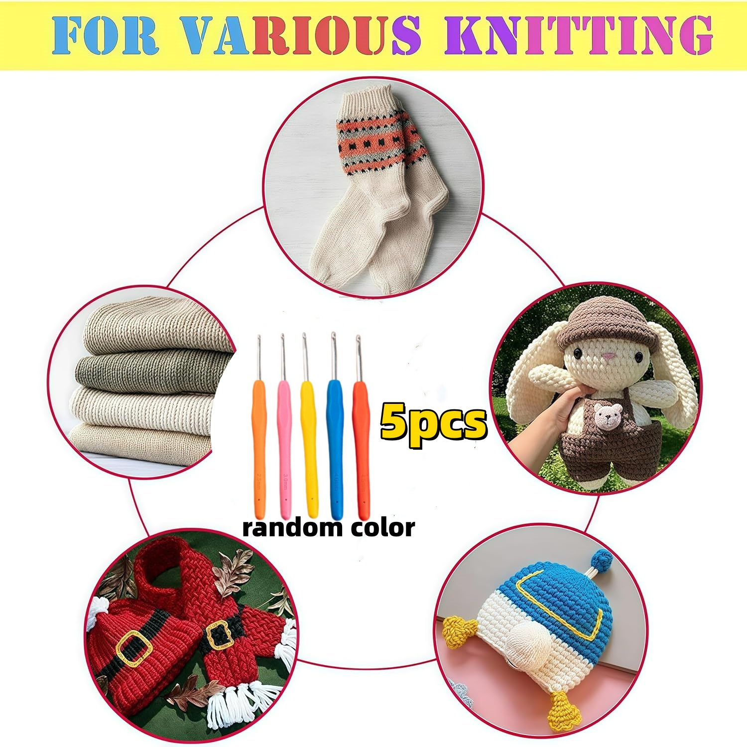 TEMU 5pcs Set Of Knitting Crochet Hooks, Solid Soft Handle Yarn Needles, Model Range From 2.5mm To 4.5mm And Various Needle Types (random Colors)